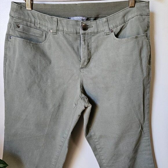 EUC CHRISTOPHER & BANKS SIGNATURE SLIMMING PETITE CAMO GREEN STRETCHY PANTS 12P - Picture 3 of 12